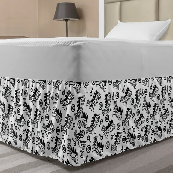 Abstract Bed Skirt, Doodle Design of Surreal Animal Silhouettes on a Plain Background Print, Elastic Bedskirt Dust Ruffle Wrap Around for Bedding Decor, 4 Sizes, Charcoal Grey White, by Ambesonne