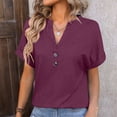 thumbnail image 2 of Lovskoo Summer Tops for Women 2024 V Neck Short Sleeve Trendy Leisure Buttons Solid Color Tops Purple, 2 of 5