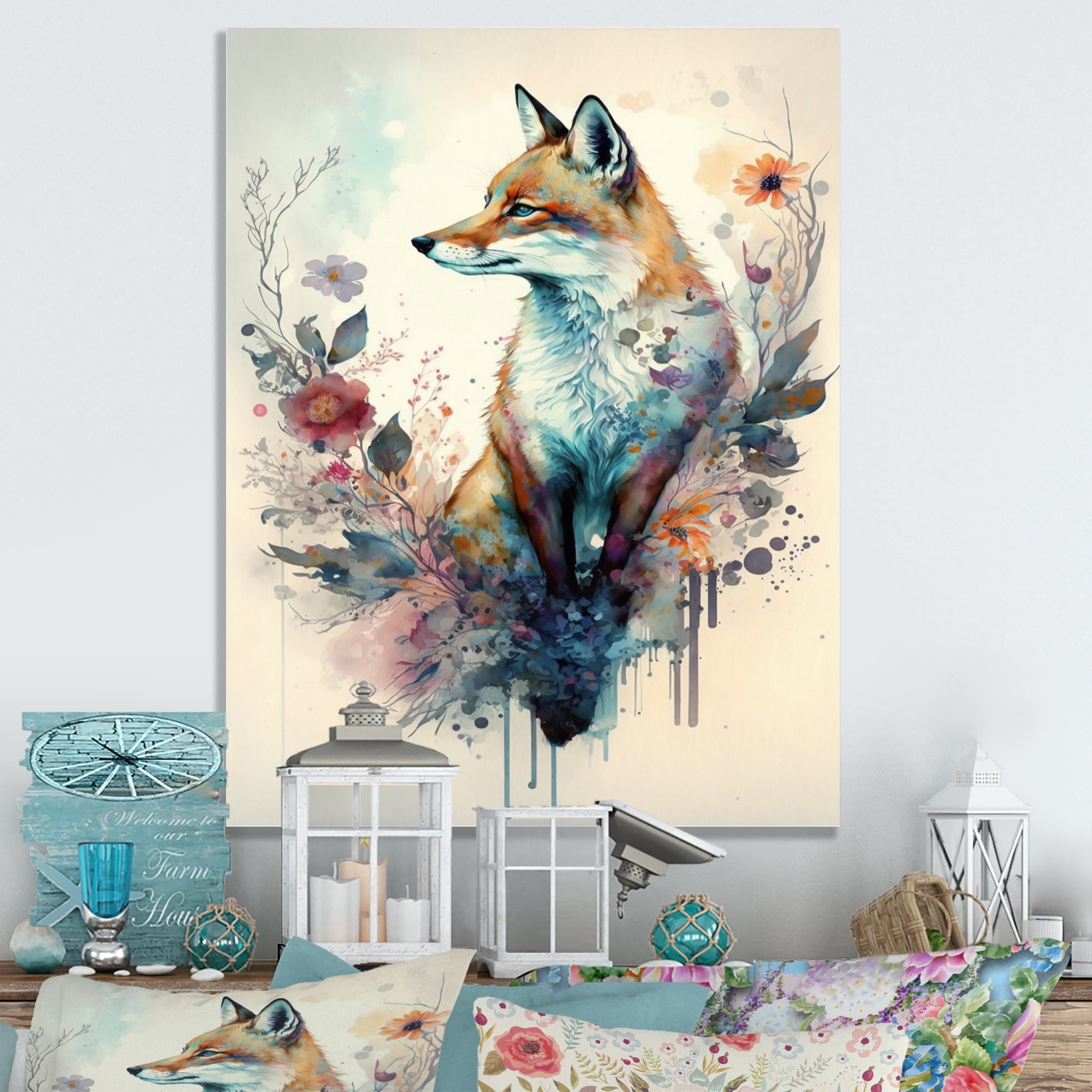 Designart Cute Fox Floral Art III Canvas Wall Art