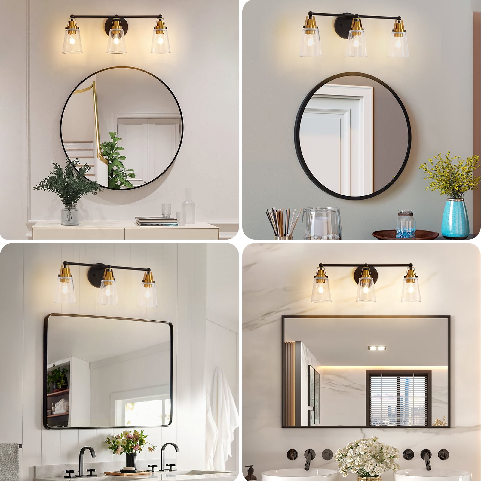 Modern 3-Light Black & Bronze Bathroom Vanity Light with Clear Glass Shade - E26 Wall Sconces for Living Room, Bedroom, Hallway (Bulb Not Included)