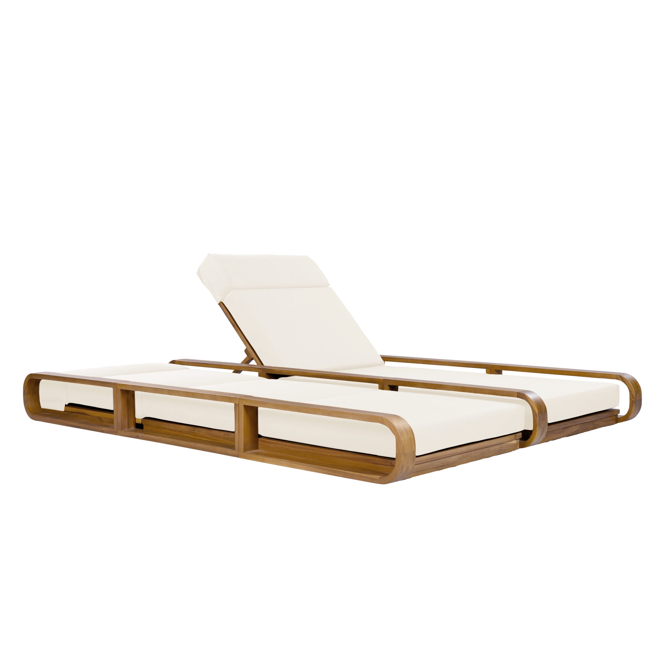 Christopher Knight Home 79" Outdoor Double Chaise Lounge Set with 4-Fold Beige Cushions, Teak