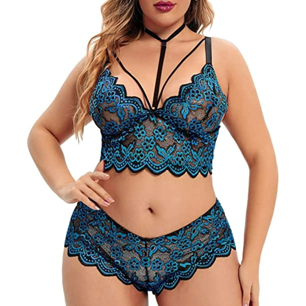 jovati Lingerie for Women Plus Size for Sex Plus Size Lingerie Sets For  Women Sexy Lace Floral Scallop Trim Sling Bras And Panties Summer Thin  Underwear 