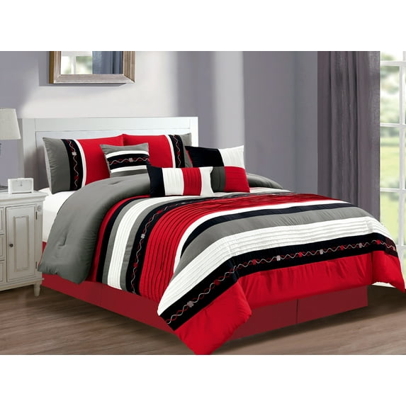 7-Pc Kenneth Pleated Stripe Frequency Wave Helix Embroidery Comforter Set Black Gray Red White Queen