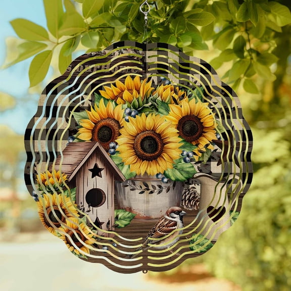 Sunflowers Floral Wind Spinner for Garden Yard 8In, Sparrows Bird House Bless Our Home Vintage Plaid 3D Stainless Steel Kinetic Hanging Wind Spinners Rustproof Outdoor Decor for Lawn Patio Home