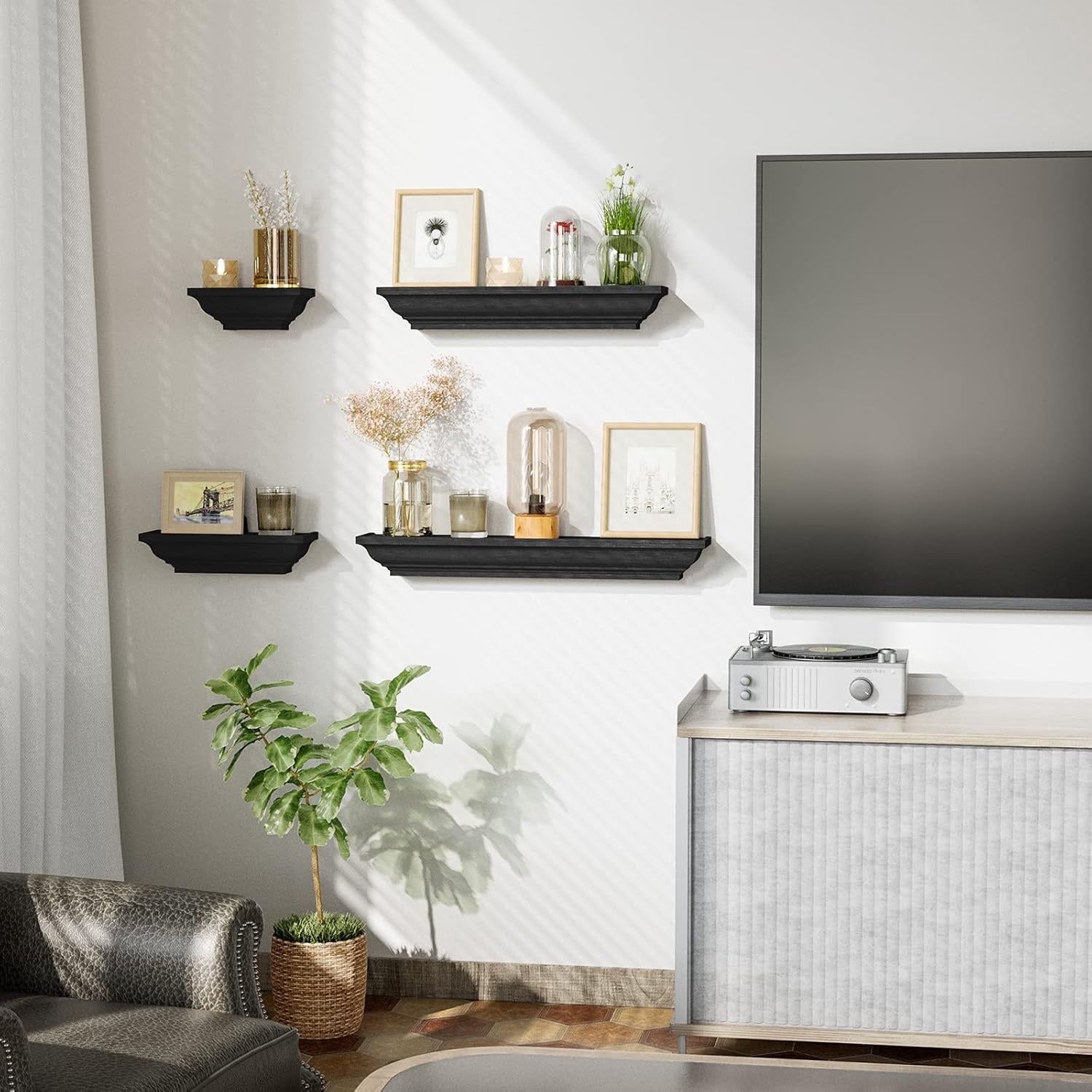 Black Floating Shelves, Solid Wood Storage Wall Shelves Set of 4 Display Ledge Shelves Decor for Bedroom, Living Room, Bathroom, Kitchen - Black