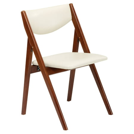 Mid-Century Modern Crème Vinyl Padded Folding Chair (2-Pack) with Wood Accents