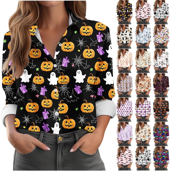 JTZGDY Halloween Button Down Shirts for Women Plus Size Cute Ghost Pumpkin Printed Fall Long Sleeve Collared Graphic T-Shirts Loose Fit Casual Holiday Gift Oversized Tees Tops