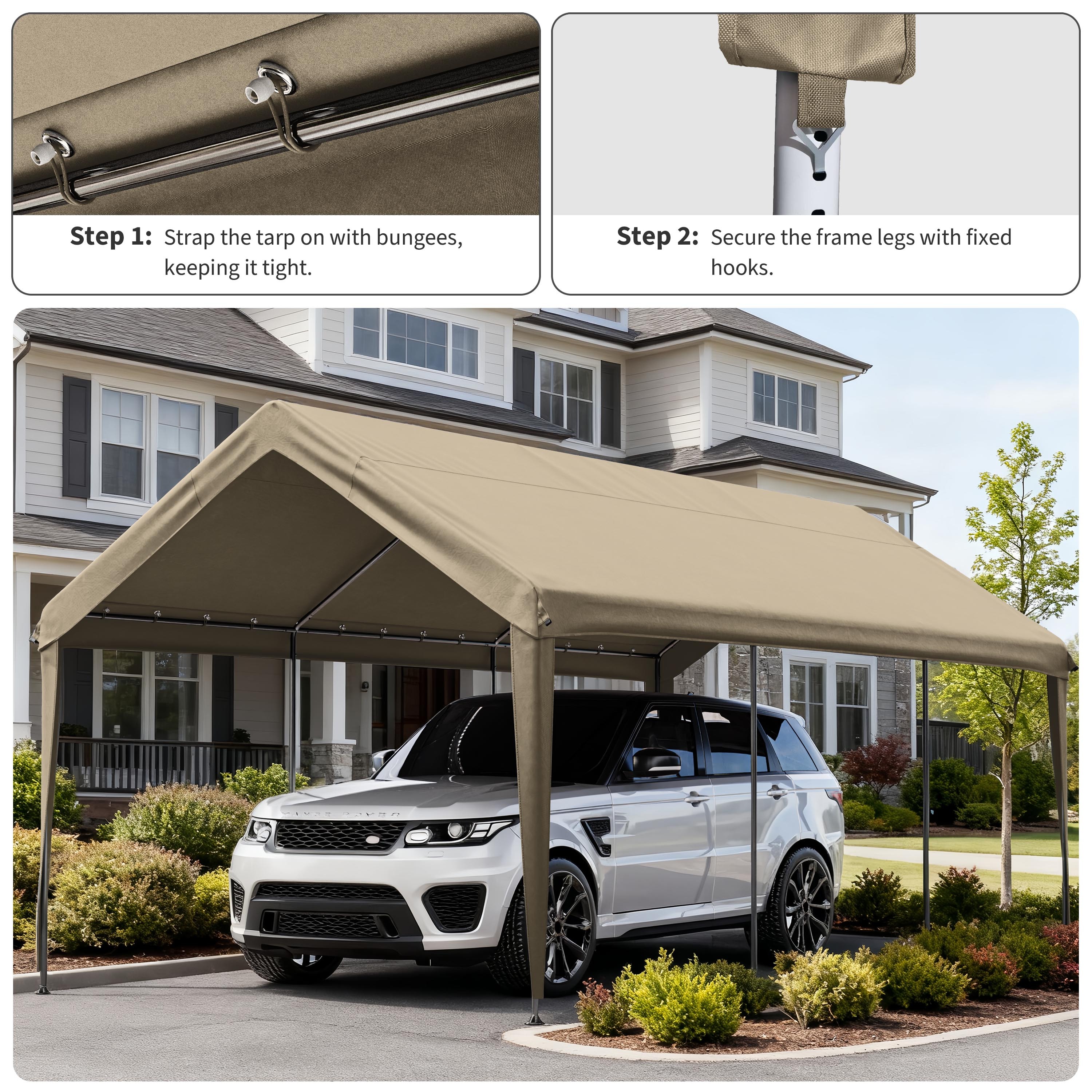 Pakunoda 10' X 20' Carport Canopy Replacement Cover, Portable Car Garage Shelter Party Top Tent with 34PC Ball Bungees, Sand (Only Cover, Frame Not Included)
