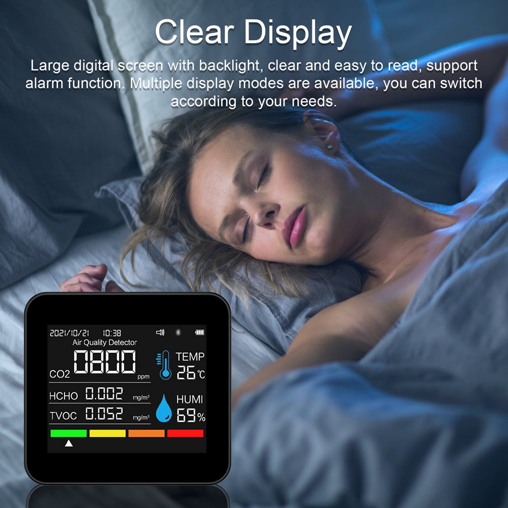 9 In 1 BT Air Quality Monitor CO2 Meter Carbon Dioxide Detector Time/Date CO2 TVOC HCHO PM2.5 PM1.0 PM10 Temperature Humidity Detection Support APP Control With Alarm Function For