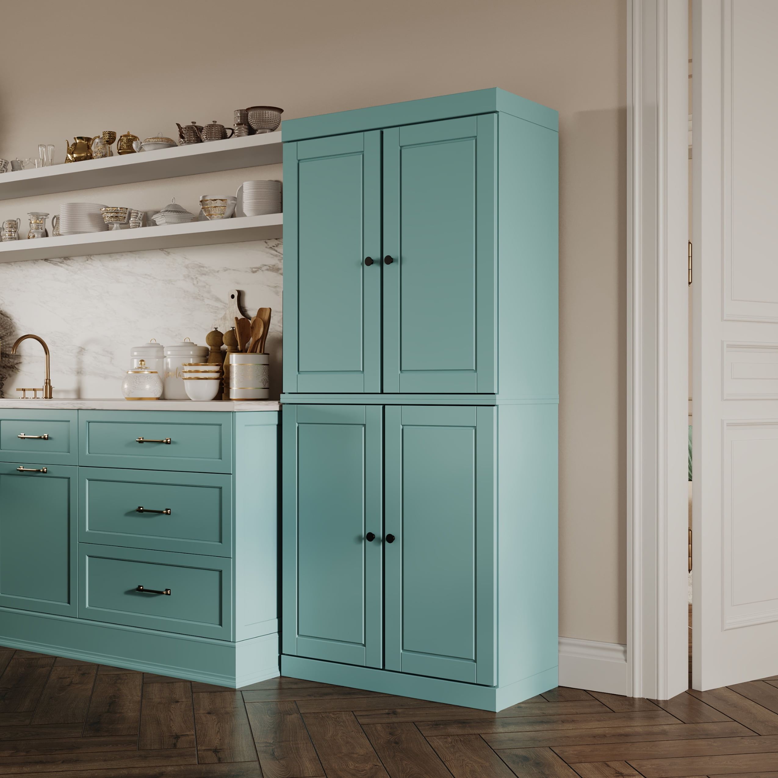 Palace Imports 100% Solid Wood Kitchen Pantry Storage Cabinet with Doors, Adjustable Shelves and 2-Drawers, Aqua Blue