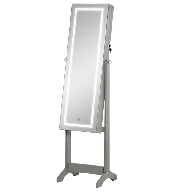 Lockable Jewelry Armoire with LED Light Standing Mirror with Storage for Bedroom Dressing Room Grey