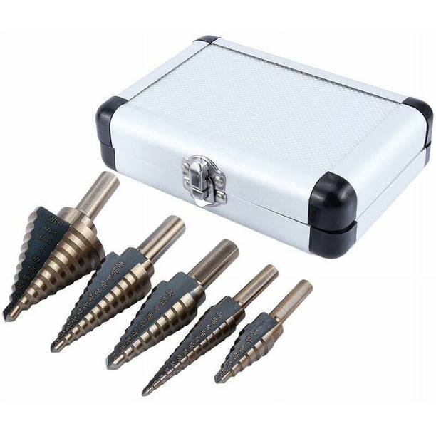 Juego de brocas escalonadas, de acero de alta velocidad recubierto de titanio con punta partida para un procesamiento versátil de orificios en metal, madera y plástico, 5 piezas, incluido unibit de