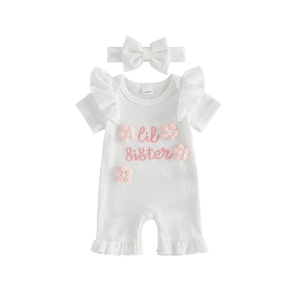 BemeyourBBs Newborn Baby Girls Little Sister Outfit Waffle Knit Ruffle Romper Little Sis Letter Embroidery 3D Floral Short Sleeve Infant Bodysuit Jumpsuit Headband Cute Baby Girl Summer Clothes