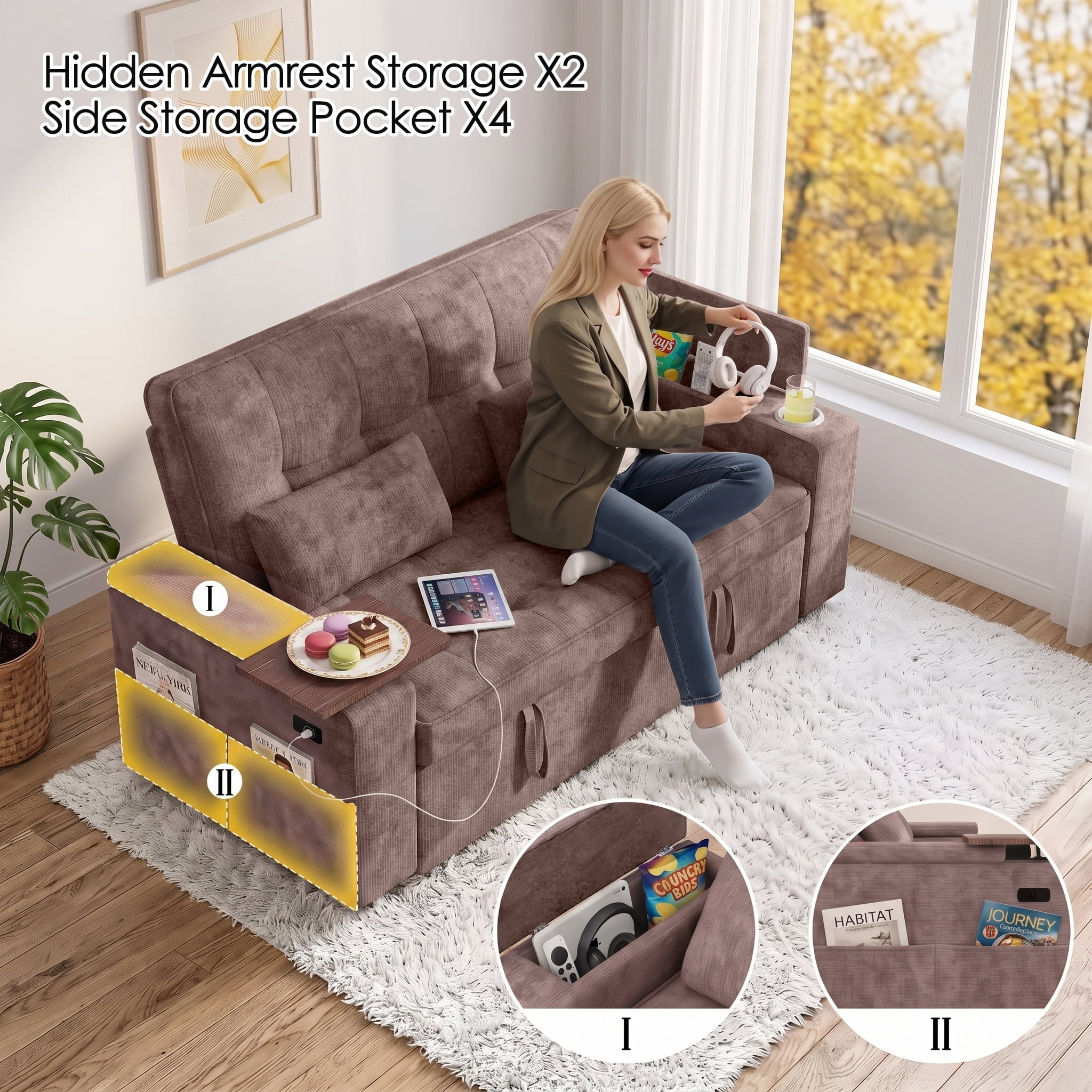 Xiweot 65" Sleeper Sofa Bed, 3-in-1 Convertible Chenille Futon Couch, Loveseat Sofa with Adjustable Backrest, Pull out Couch with Storage Armrest, Table & Pillows for Living Room Apartment (Brown)