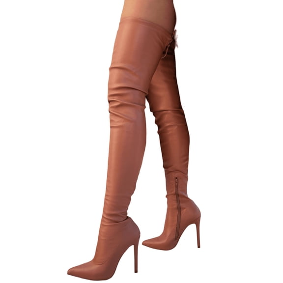 Liliana Rose Nude Pointy Thigh High Over-Knee Boots Stiletto Fashion Dress Boots (8)