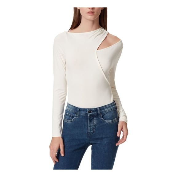 FRAYED JEANS Womens White Cut Out Fitted Thong Back Snap Closure Long Sleeve Asymmetrical Neckline Body Suit Top L