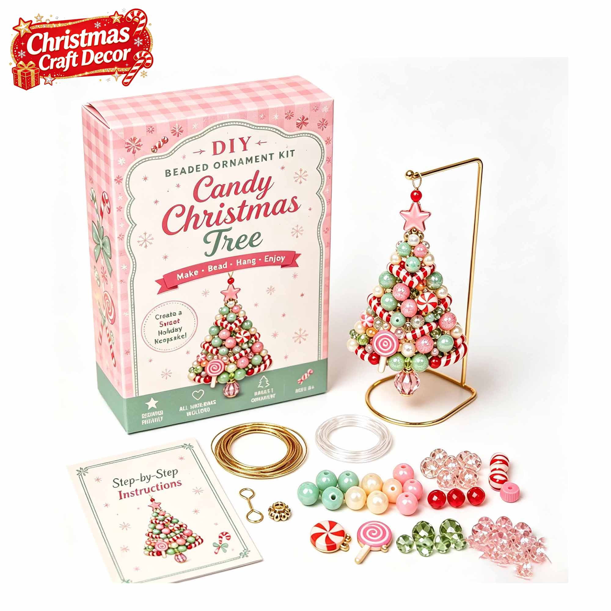Plastic DIY Beaded Christmas Tree Kit Handmade Beads Craft Set Mini Christmas Tree Ornament with Pearl Crystal Hanging Decoration for Holiday Home Office Party Xmas Gift for DIY Lovers(C)