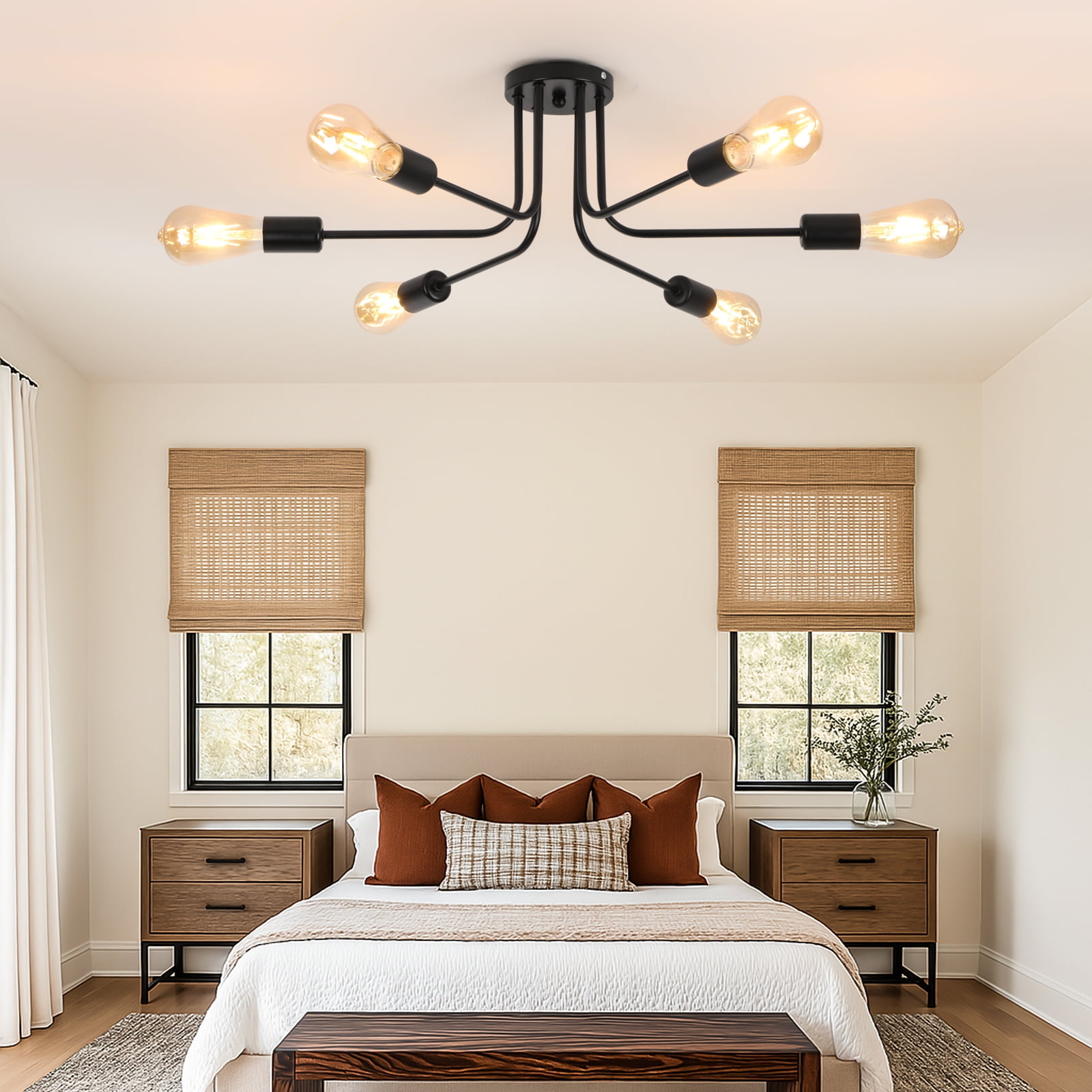 HALIGATE 6 Lights Sputnik Semi Flush Mount Ceiling Light Matte Black Modern Edison Chandelier Industrial Close to Ceiling Light for Farmhouse Dining Room Kitchen Bedroom Living Room Study