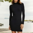 thumbnail image 2 of WRKEKC Long Sleeve Dress for Women Solid Color Bodycon Half High Neck Knee Length Dress with Stretchy Fabric, 2 of 9