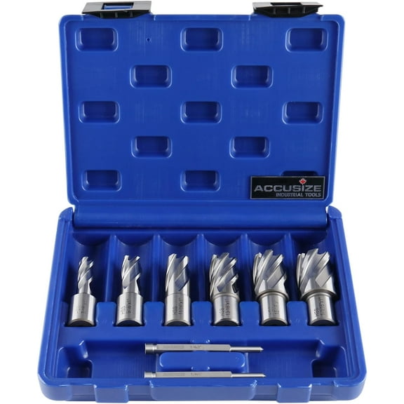 Accusize Hss Professional Annular Cutter Set 1'' Cutting Depth, 7/16'' to 1-1/16'' with 3/4'' Weldon Shank, 8 Pc Set, HSS1-0000
