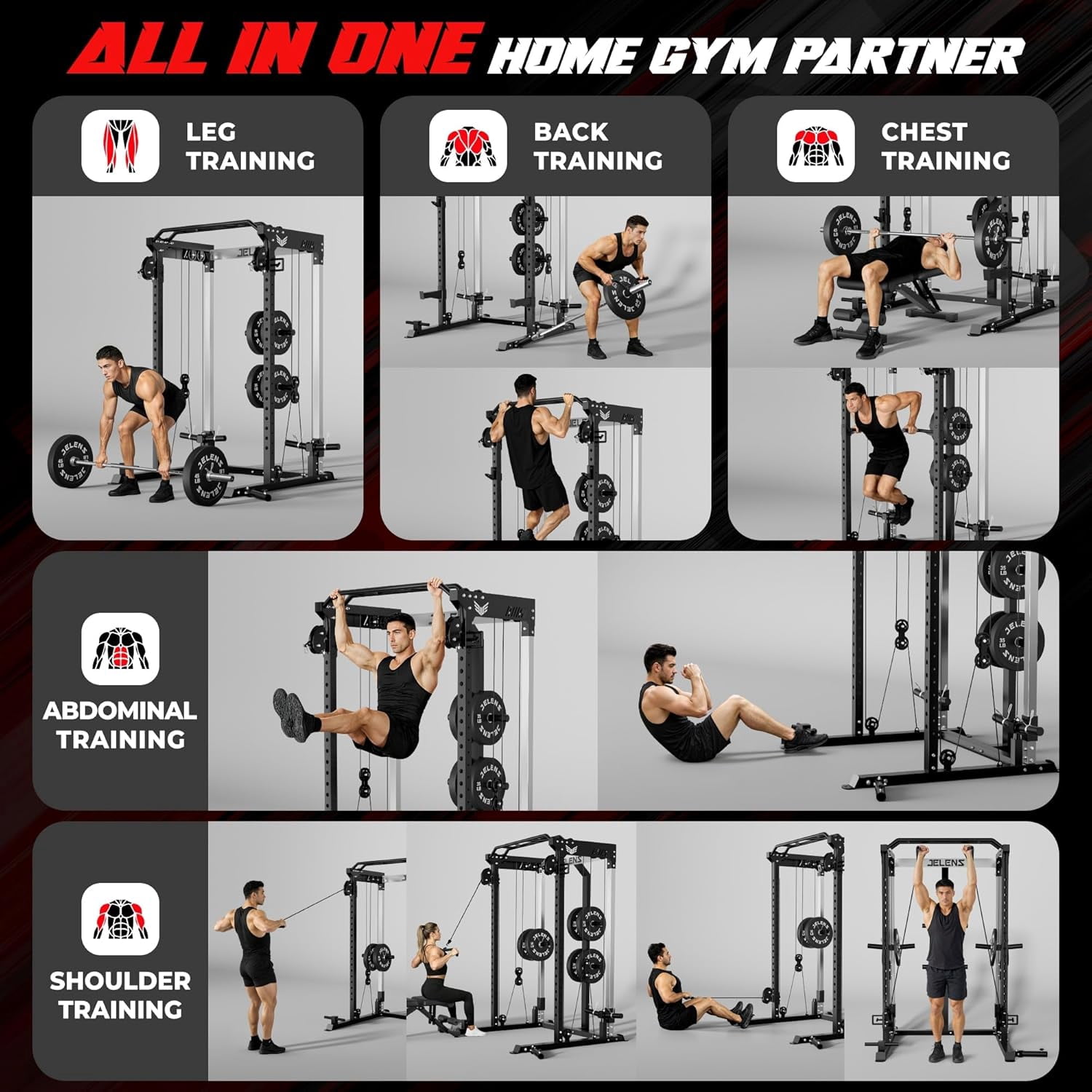 Multi-Function Power Rack Cage,2000lbs Dual Pulley Cable Crossover Machine with J Hooks, Dip Bars & Landmine for Home Gym