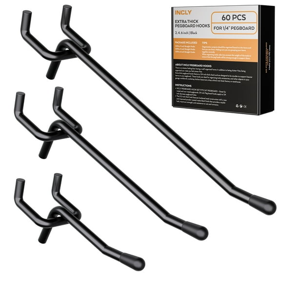 INCLY 60 Pack 2/4/6 Inch Black Pegboard Hooks, Heavy Duty Peg Board Shelving Hooks Accessories, Peg Board Tool Hangers Fit for 1/4" Pegboard Hanging Tools Garage, Craft Organizing, Kitchen, Store