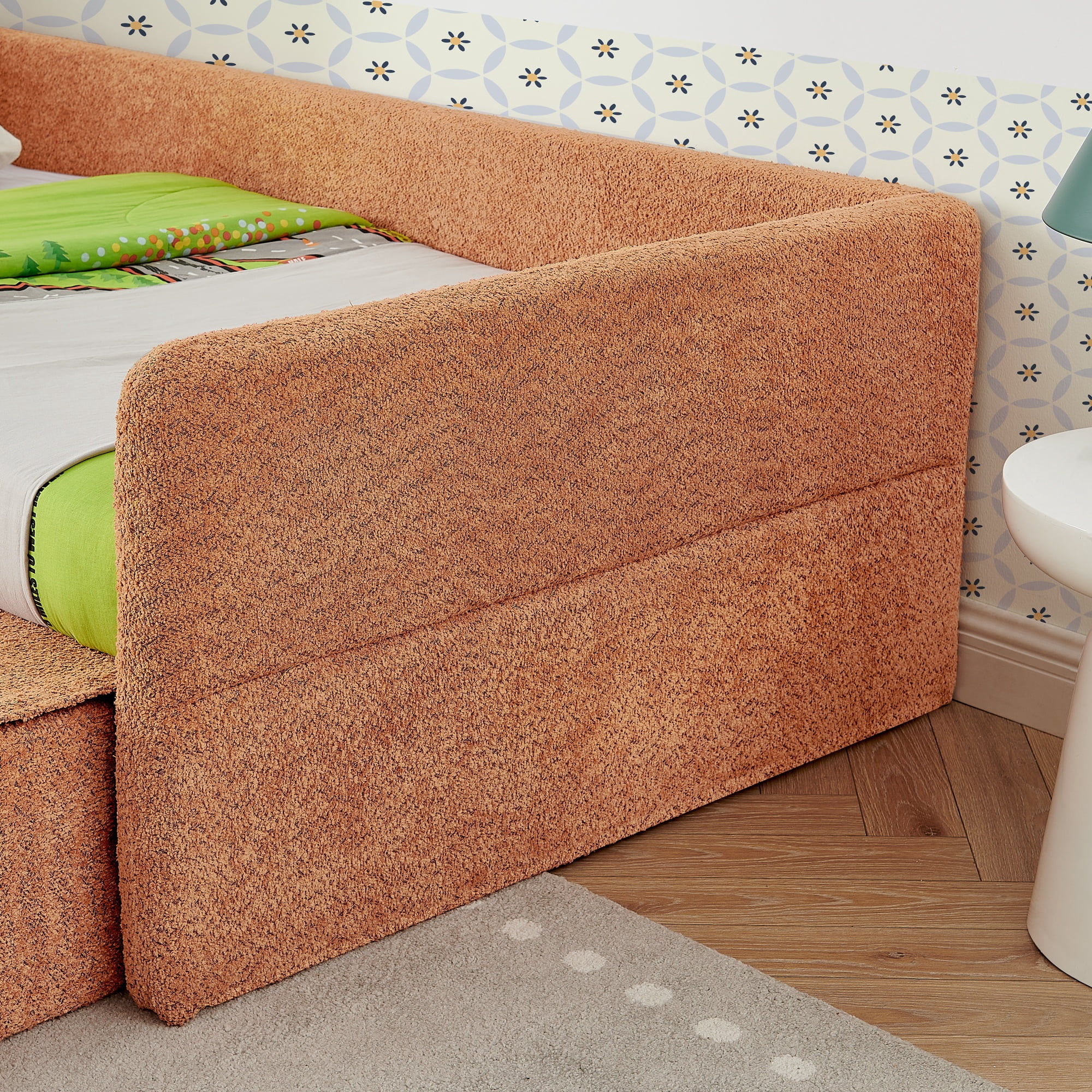 T-Joy Multi-Functional Kids Bed with Guardrails and Storage, Boucle Wooden Platform Bed with Safety Step Stool, Twin Size, Orange