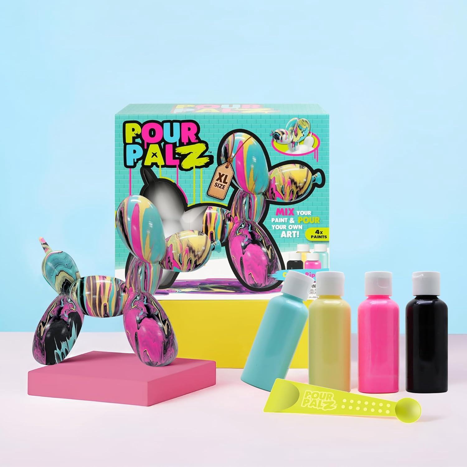 Pour Palz DIY Paint Pouring Kit – 1 XL Balloon Dog, 4 Acrylic Pour Paints, Mixing Cups & Tools, Create Unique Marbled Art, Fun Hands-On Craft Kit for Kids & Adults, Candy Ripple, Ages 5+