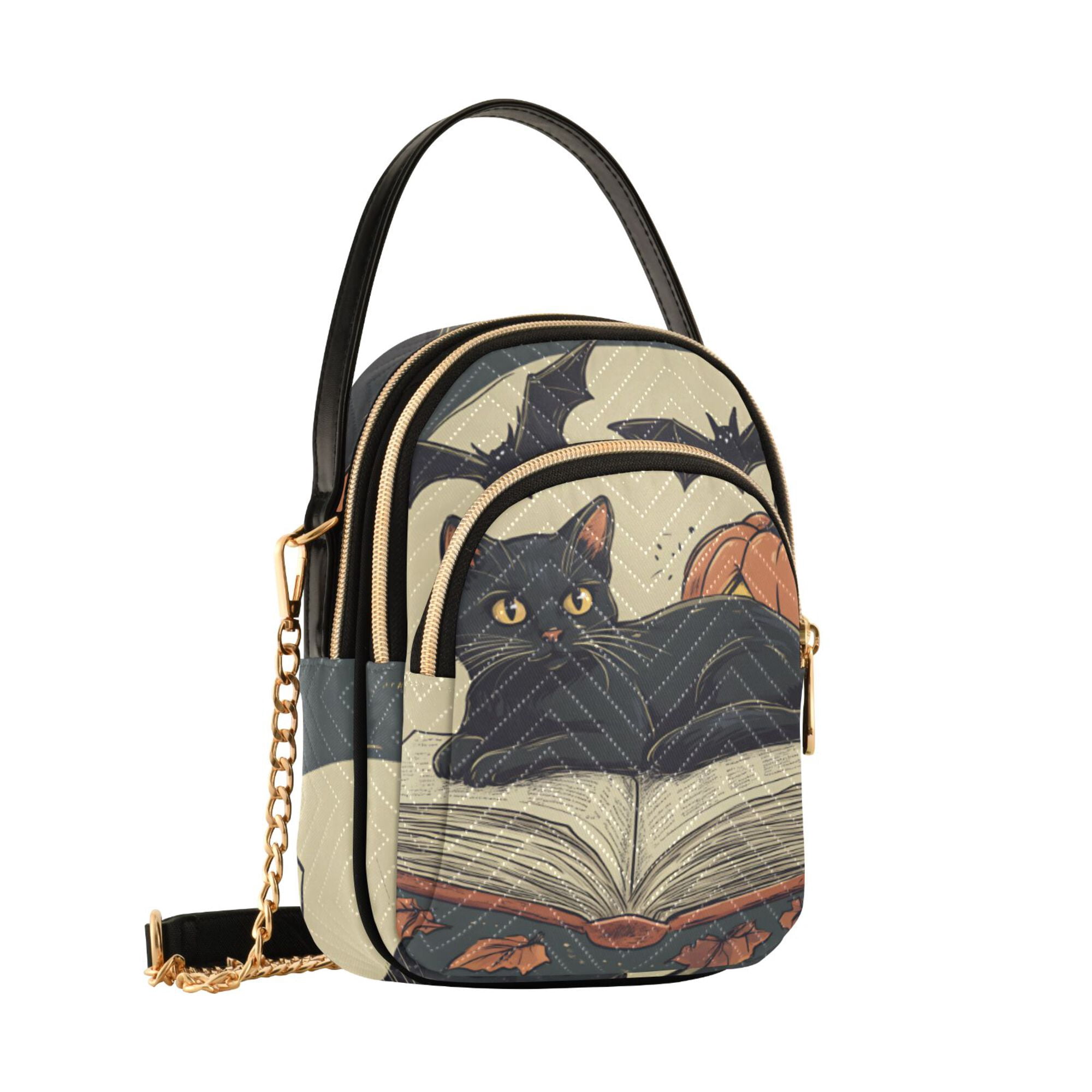FORMRS Crossbody Bag for Women Quilted Travel Shoulder Cell Phone Purse with Chain Strap Handbag, Black Halloween Cat