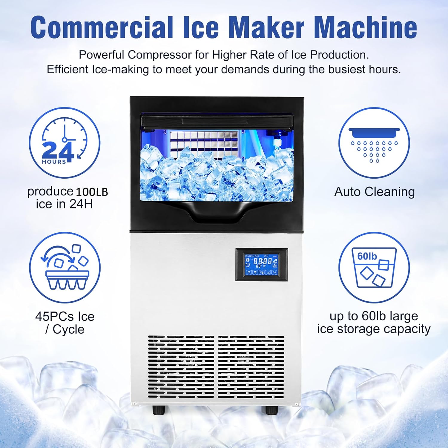 GAOMON Commercial Ice Maker Produces 100 LBs/24 h, with the Ability to Produce 5x10 Pieces in 5-10 Minutes and Store up to 30 Pounds of Ice. Ideal for Countertop Ice Machine in Home and Commercial