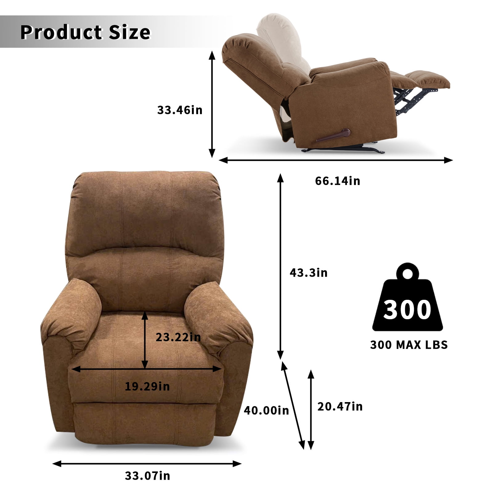 Ebello Manual Rocker Recliner Chair for Adults – Soft Fabric Reclining Sofa with Overstuffed Backrest, 300 lbs Weight Capacity,Brown