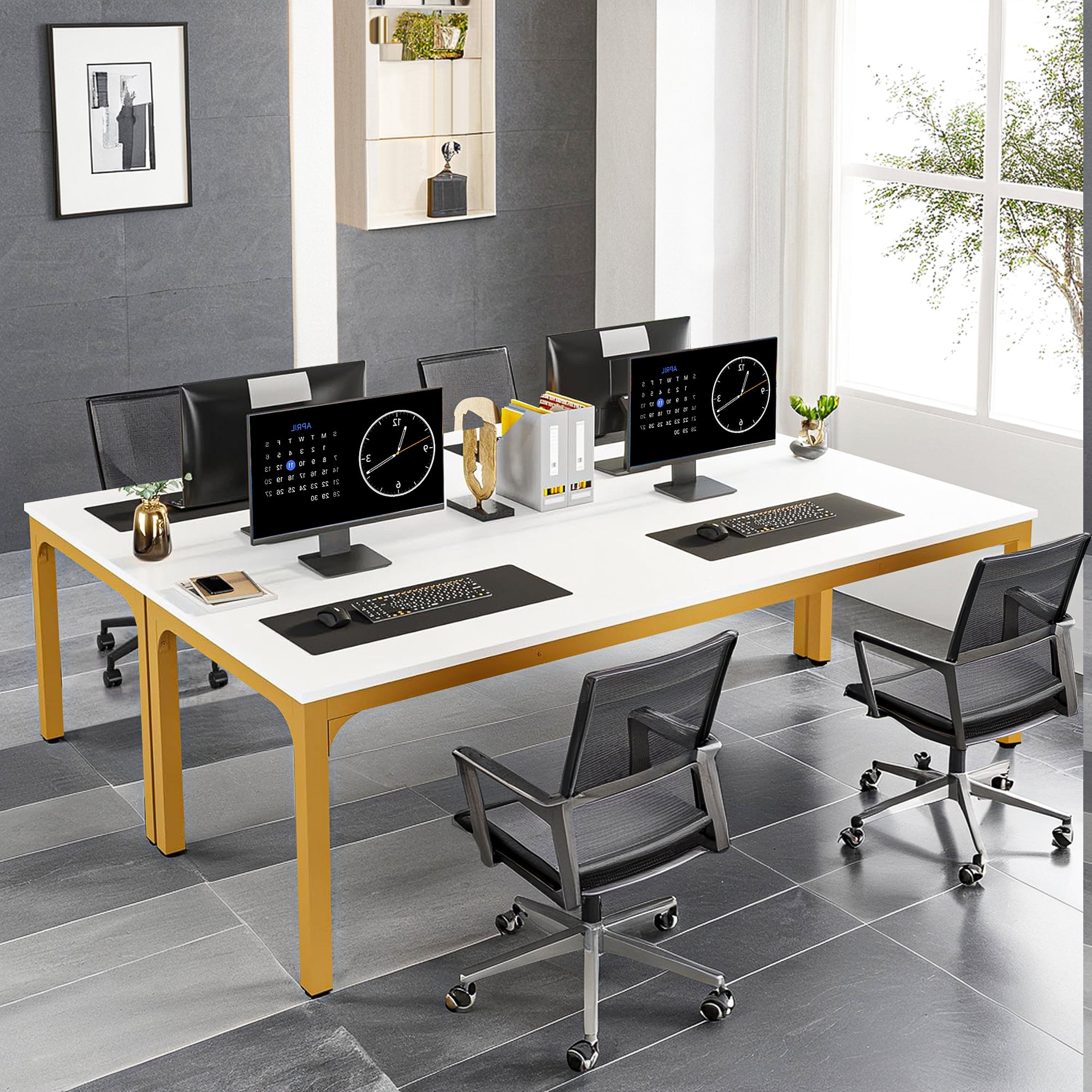 Demi Bonn 78" Farmhouse Dining Table, Wood Rustic Kitchen Table for 8 People, Large Rectangular Dinner Table for Dining Room, Home Office, Living Room Furniture, White & Gold