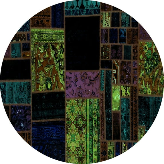 Ahgly Company Indoor Round Patchwork Turquoise Blue Transitional Area Rugs, 4' Round