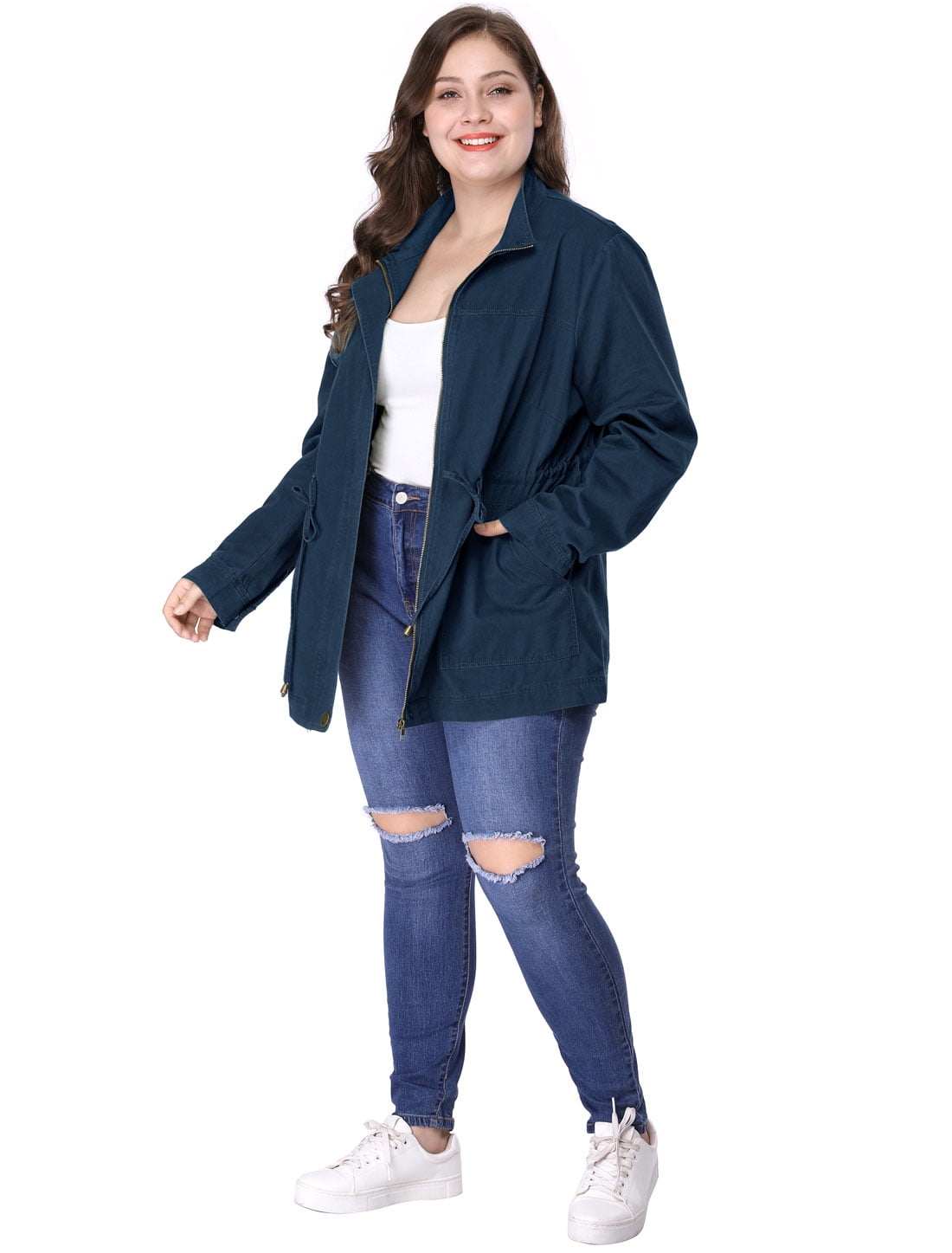 DARING DIVA Women's Plus Size Drawstring Waist Zip-up Utility Jacket 5X Dark Blue