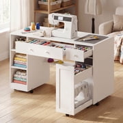 Advwin Rolling Sewing Craft Table with Storage, Pull-Out Cabinet & Large Drawer, Sewing Desk with Locking Wheels for Home Studio, White
