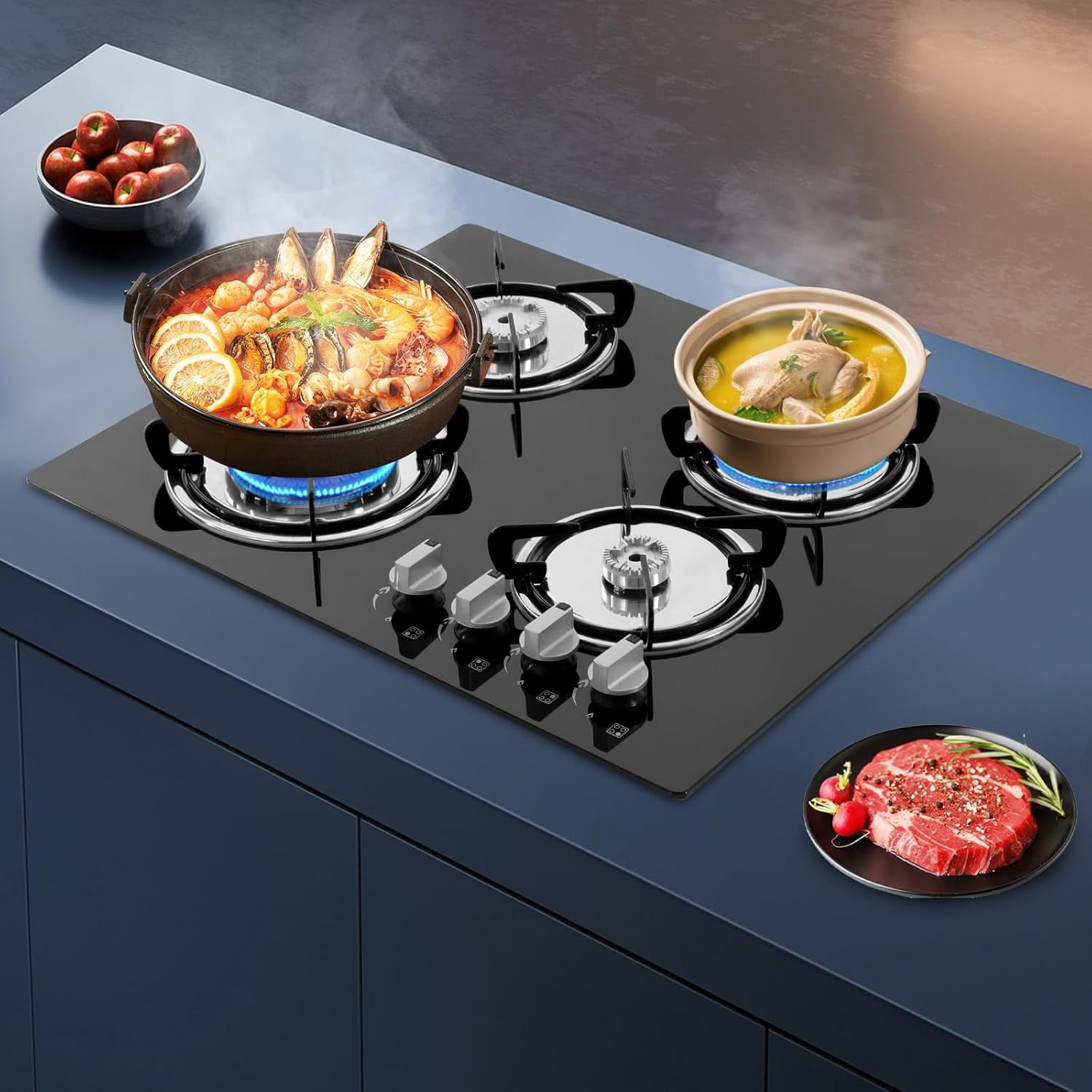 Gas Cook-top Gas Stoves,4-Burners Built-in Countertop Gas Stove NG/LPG Gas Hob Kitchen Cooker Built-In Cook Stove Tempered Glass Electronic Ignition Stove