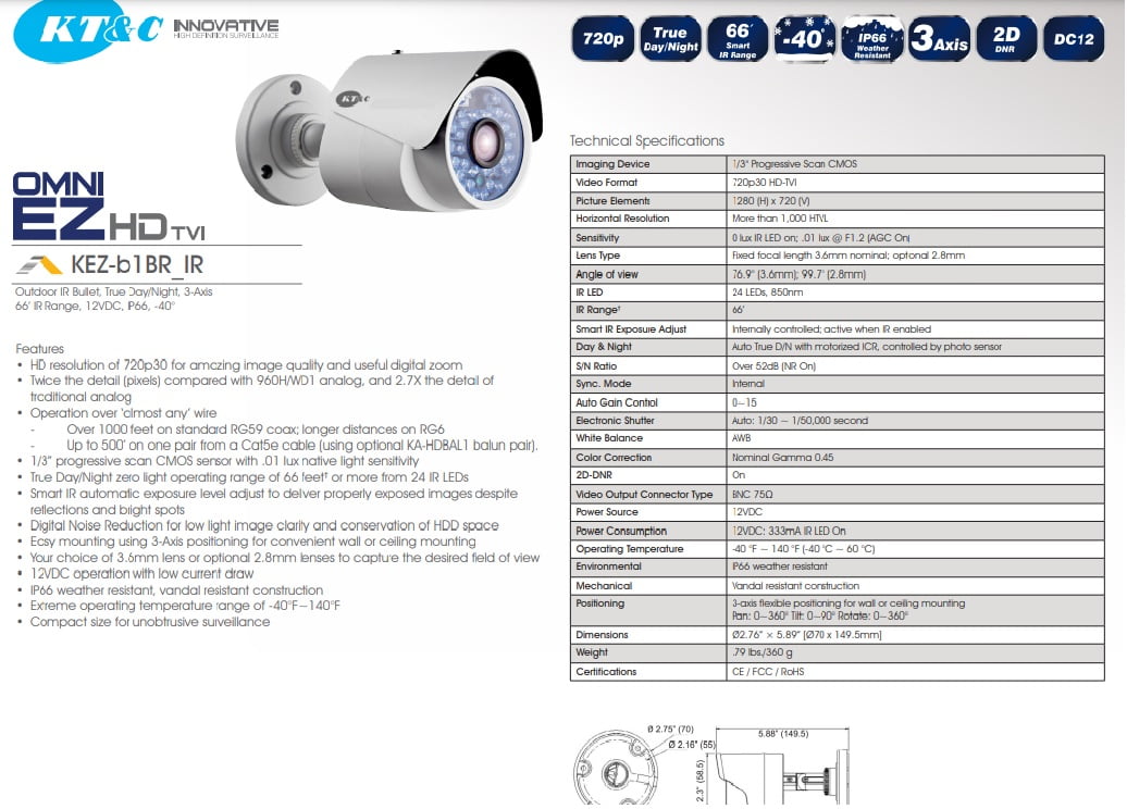 KT&C 3.6mm 720p Outdoor IR Day/Night Mini Bullet HD-TVI Security Camera 12VDC