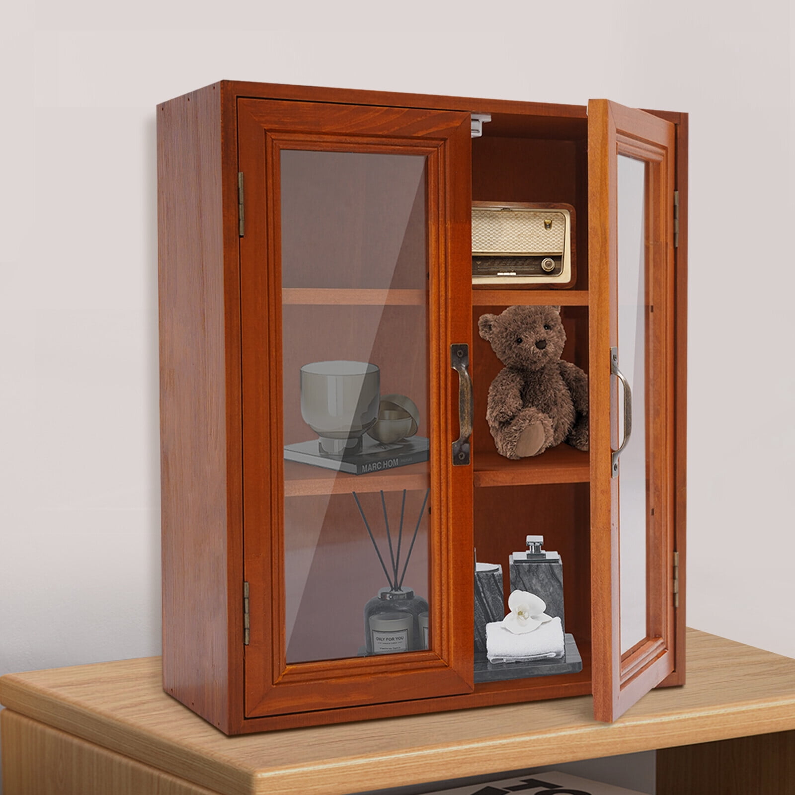Wood Storage Cabinet 3-Tier Storage Cupboards Double Door Pantry Cabinet Brown