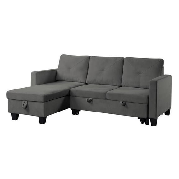 Bowery Hill Dark Gray Velvet Reversible Sleeper Sectional with Storage Chaise