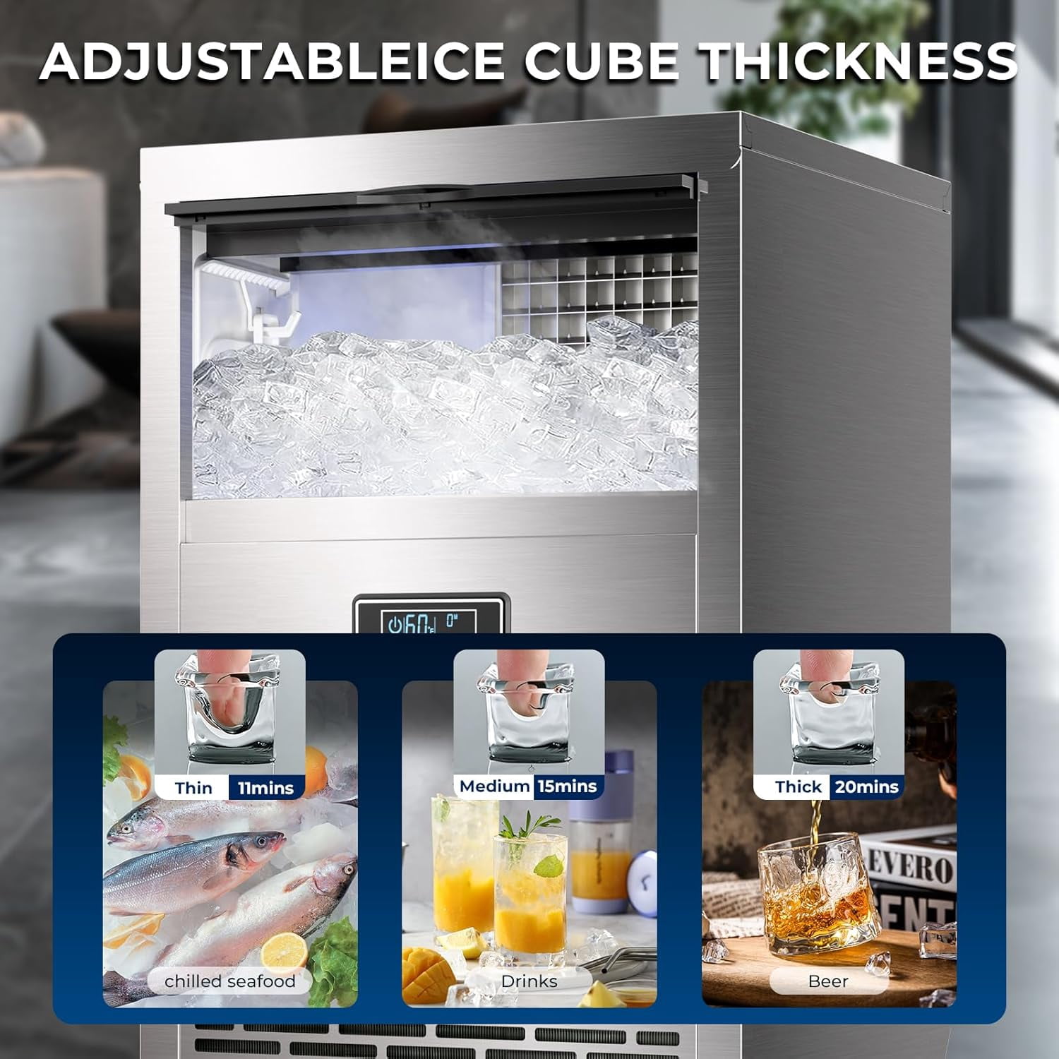 WAA 100Lbs/24H Commercial Ice Maker Self-Cleaning, Adjustable Thickness for Restaurant Bar Home