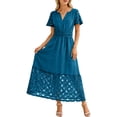 thumbnail image 4 of Neewe Robe Maxi d'Été pour Femmes, Ample, Unie, Col en V, Manches Courtes, Tunique, Taille Plissée, Décontractée, Longueur Cheville, Ourlet en Dentelle, 4 of 7