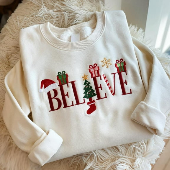 Embroidered Believe Sweatshirt, Women Christmas Sweatshirt, Merry Sweatshirt, Cozy Sweatshirt, Christmas Family Shirt, Believe Sweatshirt