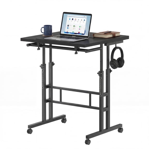 Edx Dual Desktop Height Adjustable Rolling Desk with Wheels, Treadmill Desk for Walking Pad, Mobile Computer Table with Cup Holder for Home Office Bedroom Living Room, Black