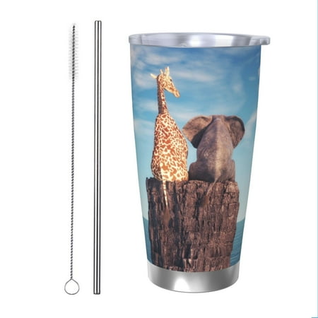 

Matuu Elephant And A Giraffe Sitting On A Rock Admiring The Ocean for 20oz Durable Thermal Cups Keep Drinks Cold and Hot Insulated Car Mug with Lid-Straw Two-piece Set