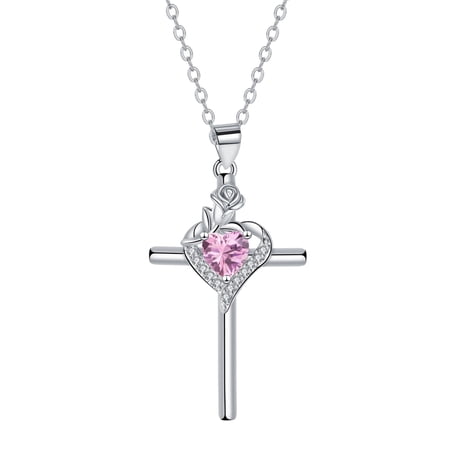RYNSITO Cross Necklace for Women, 925 Sterling Silver Birthstone Necklace with Rose Flower, Faith Jewelry Gifts for Women Mother Wife Her