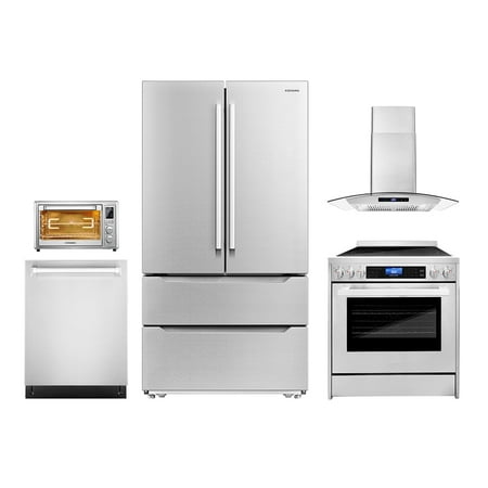 5 Piece Kitchen Package with 30  Freestanding Electric Range 30  Wall Mount Range Hood 24  Built-in Fully Integrated Dishwasher French Door Refrigerator & 20  Electric Air Fryer Toaster Oven