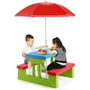 Kids Picnic Table, Kids indoor & Outdoor Table and Bench set with Removable & Foldable Umbrella, Portable Toddler Plastic Picnic Table for Patio, Backyard, Ideal Gift for Boys Girls(Red)