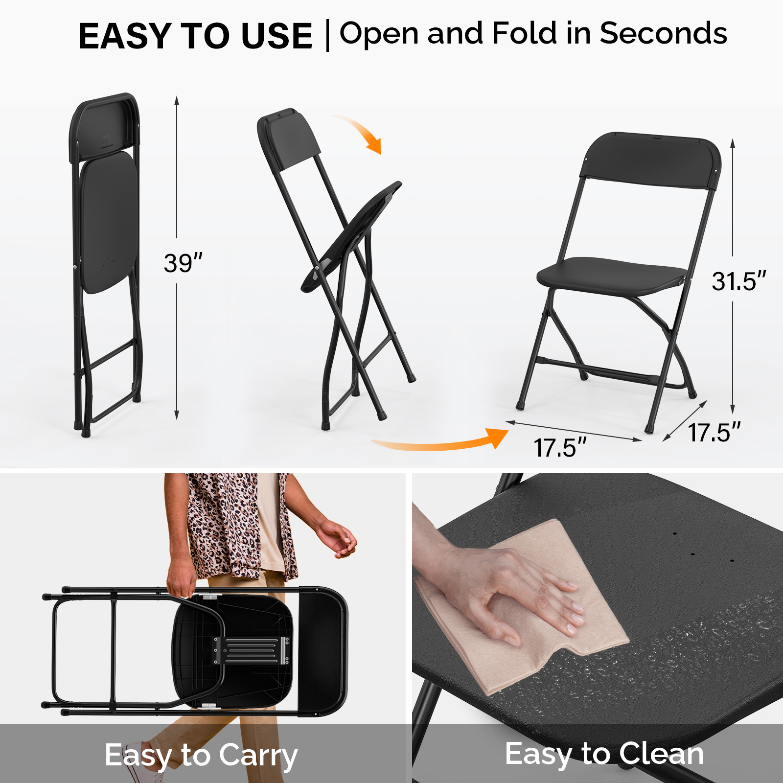 VINGLI 4 Pack Black Plastic Folding Chair, Indoor Outdoor Stackable Seat - image 4 of 8