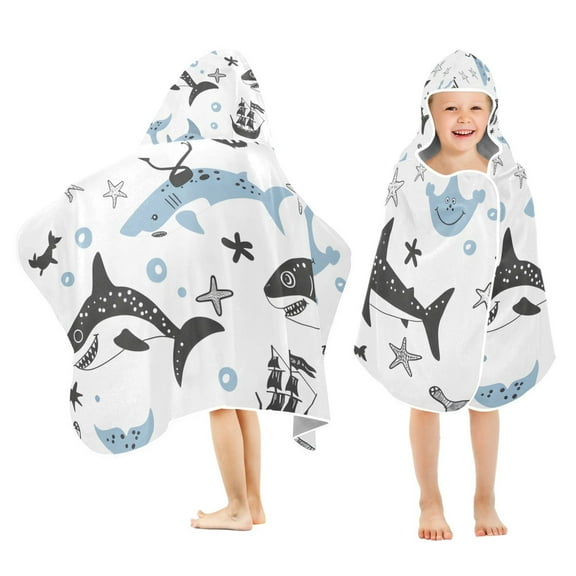 Cartoon Shark Fish Kids Hooded Beach Towel Baby Bath Poncho Towels with Hood Absorbent 50"x23.5" for Pool Swimming