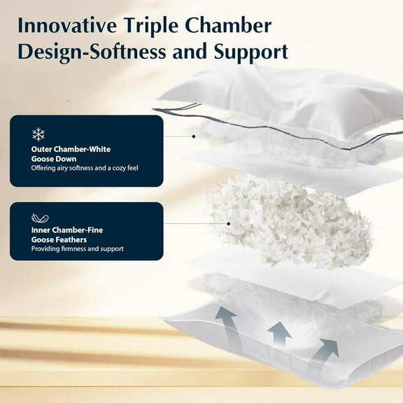 Bed Pillow, Hotel Goose Feather and Down Pillow for Sleeping, 3-Chamber Pillow with High Thread Count  Cotton Shell, Queen Size